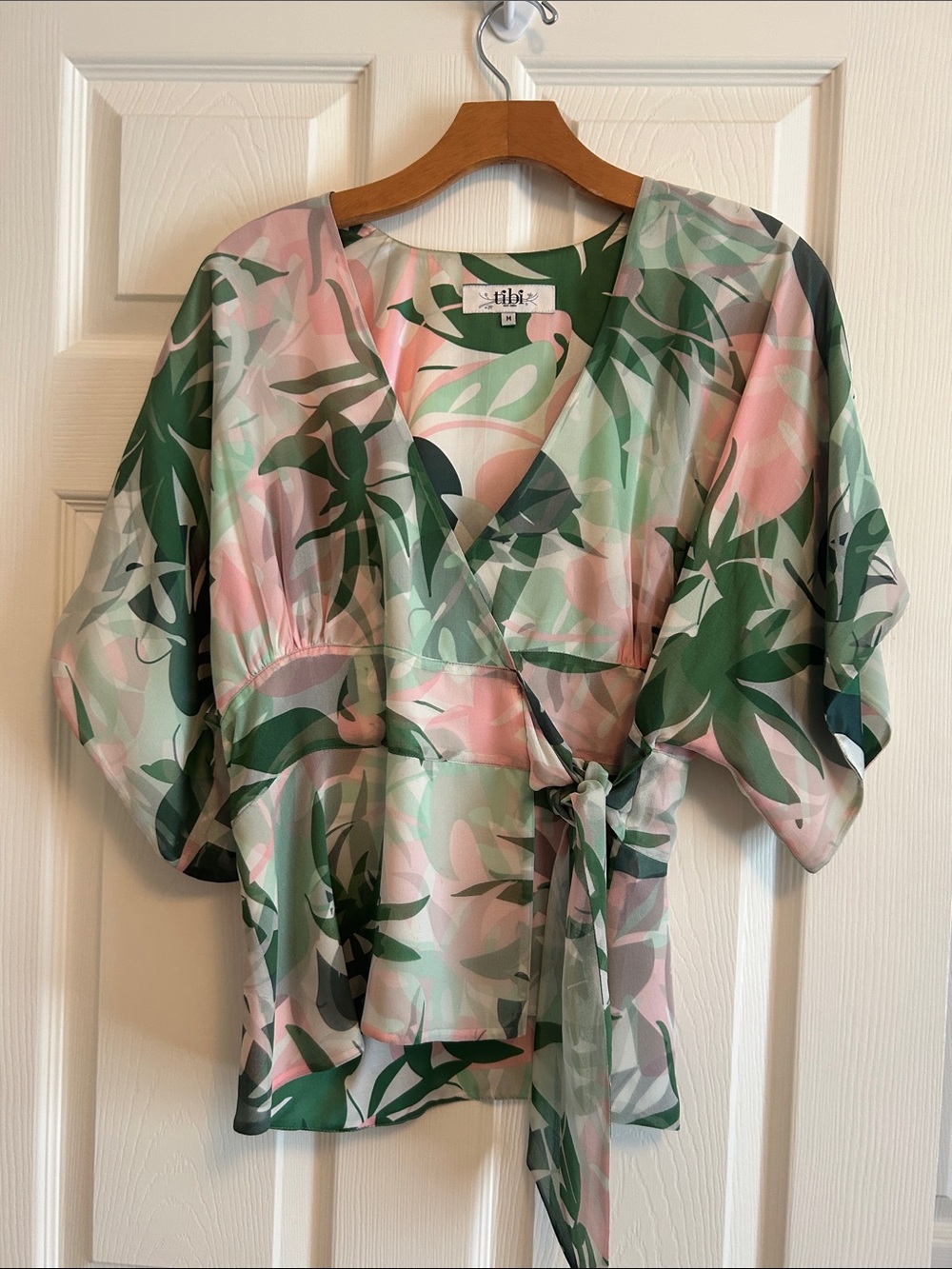 Green & Pink Floral Wrap Blouse